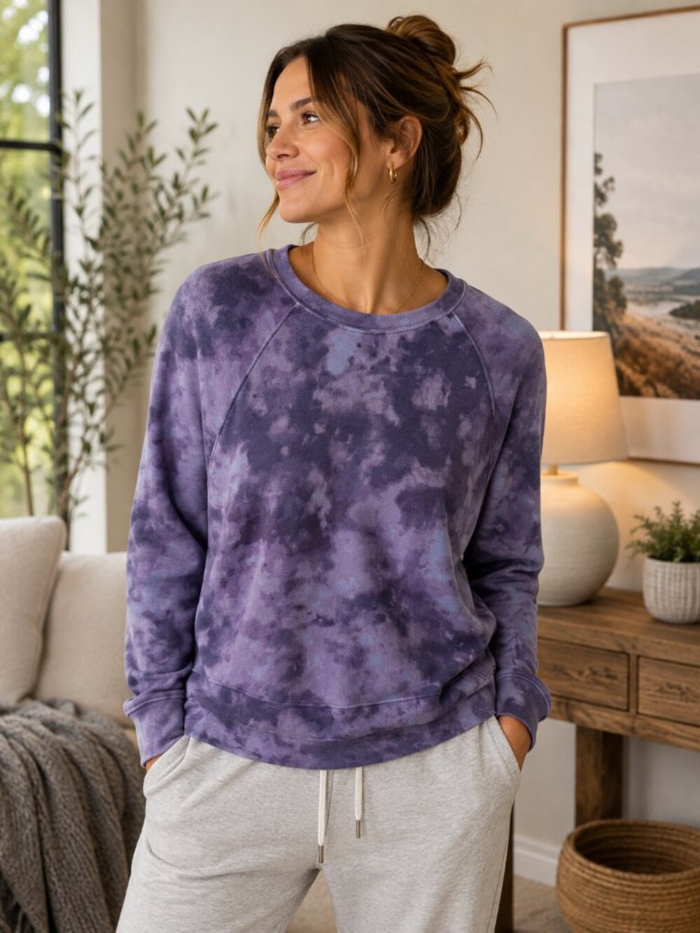 Athleta Womens M Boho Purple Tie-Dye Pullover Sweatshirt Soft Terry 1334